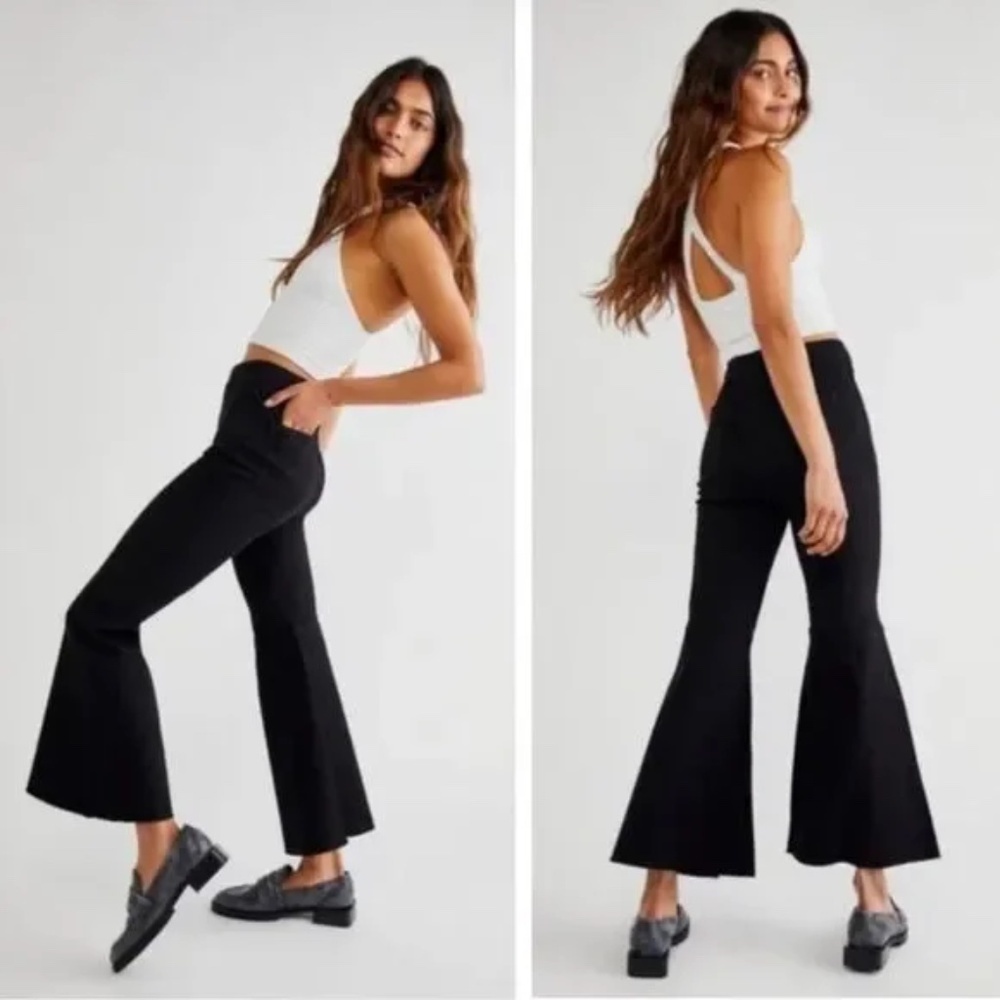 Free People Youthquake Flare Jeans Pant High Raw Hem Cropped Stretch Black Sz 28